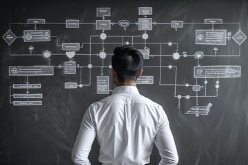Strategic Vision: Businessman contemplating a complex flowchart on a blackboard, symbolizing planning, strategy, and problem-solving.