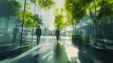 Corporate Sustainability in Action: Motion Blur Image of Business People in a Green Downtown Office Environment.