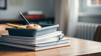 Still Life of Educational Supplies and a Fresh Apple on a Study Desk