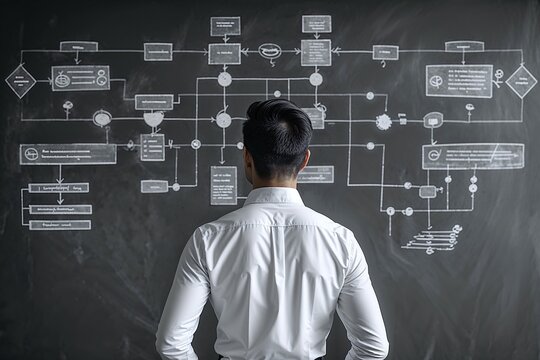 Strategic Vision: Businessman contemplating a complex flowchart on a blackboard, symbolizing planning, strategy, and problem-solving.