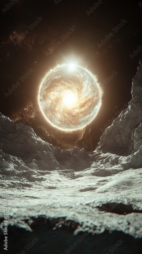 Poster exploring a distant alien planet captivating view of a galaxy from the surface sci-fi landscape cosm