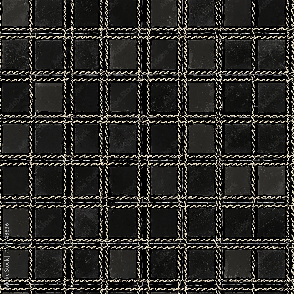Poster black plaid fabric with a textured finish and contrasting stitching in a grid pattern, ideal for fas