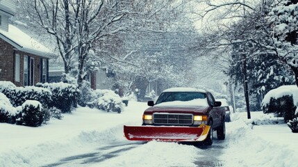 A pickup truck equipped with a snowplow attachment clearing a suburban driveway in a winter landscape.