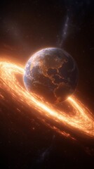 Obraz premium Majestic view of earth surrounded by glowing beams in space visual artwork cosmic environment stunning perspective