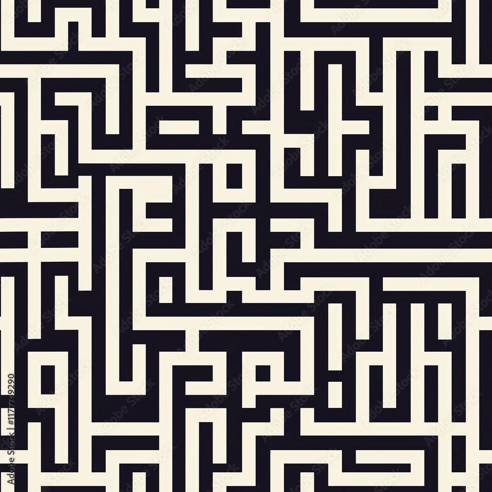 Poster abstract maze pattern featuring interwoven lines in black and cream, creating a visually striking de