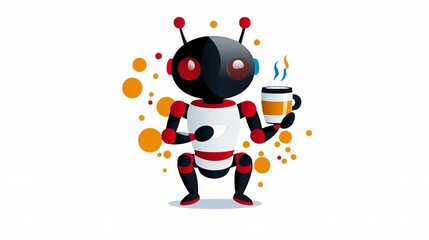 Fototapeta premium A cute robot enjoys a warm beverage. Perfect for tech, AI, or futuristic themes!
