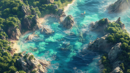 Fototapeta premium High-altitude view of a rocky coastal landscape with dramatic cliffs and ocean waves