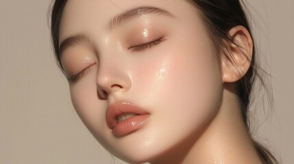 Gentle glow of a woman's dewy skin indoor studio portrait soft lighting close-up beauty concept