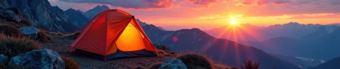 A tent in the background with a sunrise and mountains in the foreground, wilderness, sun rise