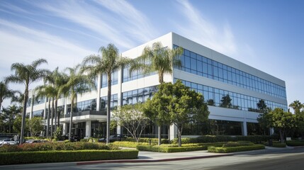 A white multi-story building with reflective windows, showcasing modern architecture and corporate appeal.