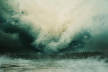Obraz premium A misty, dark forest scene under a dramatic, swirling, green and yellow sky.