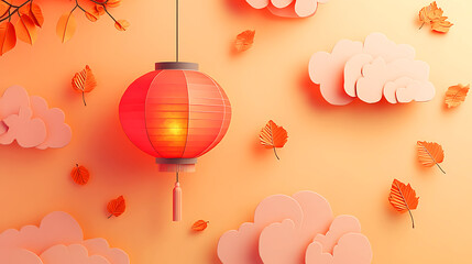 A Vibrant Chinese Lantern Enchanting Autumnal Skies, A digitally rendered image showcasing a beautiful, glowing Chinese lantern against a backdrop of fluffy clouds and falling red leaves.