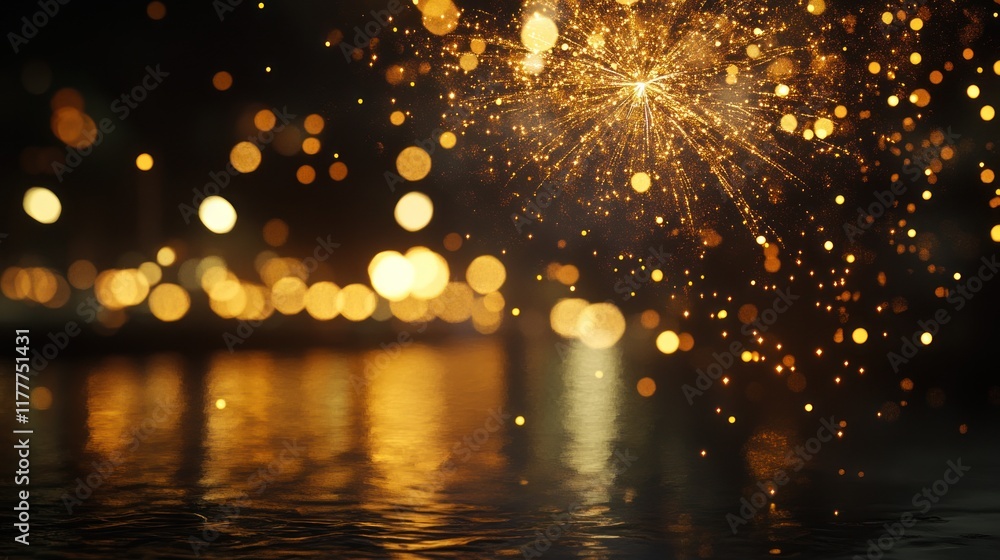 Poster beautiful bokeh effect of golden lights and sparkles over a dark reflection on water creating a magi
