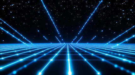 Futuristic Neon Cube Display in a Gridded Space, A captivating, digitally rendered scene showcasing a transparent cube outlined by vibrant neon blue and pink light against a dark, gridded floor and wa