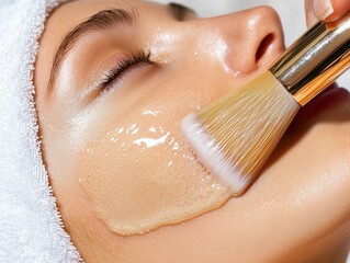 Woman Receiving Facial Treatment with Brush and Gel Mask
