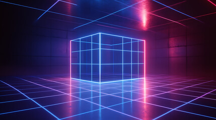 Futuristic Neon Cube Display in a Gridded Space, A captivating, digitally rendered scene showcasing a transparent cube outlined by vibrant neon blue and pink light against a dark, gridded floor and wa