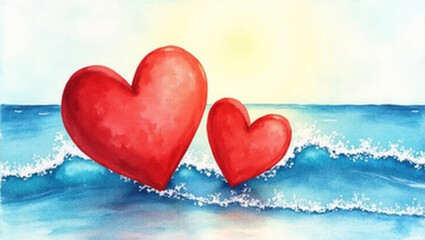 Fototapeta premium Red hearts floating on ocean waves during a bright sunny day at the beach
