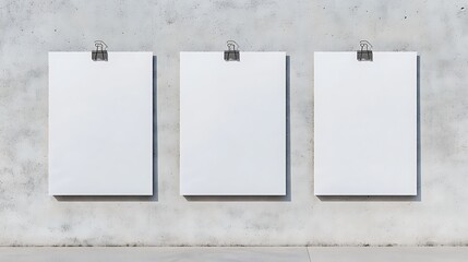 Pastel-toned mockup featuring three blank posters clipped to a smooth concrete wall