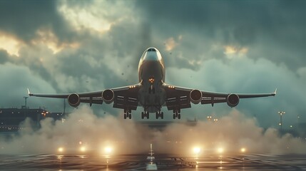 A powerful airplane taking off under dramatic clouds, symbolizing adventure and travel in high altitudes.