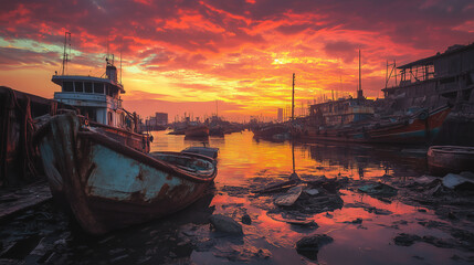 Polluted harbor at sunset filled with abandoned boats and debris reflecting vibrant colors in the water