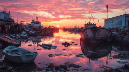 Polluted harbor filled with old boats reflecting a vibrant sunset over still waters