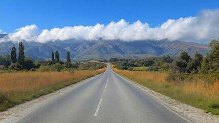 Naklejka premium Stunning New Zealand landscape of Bealey with mountain backdrop and clouds over the highway