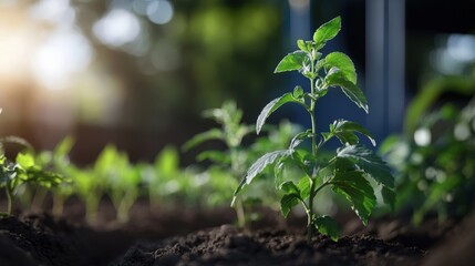 Fresh Green Plant Growing in Soil Under Morning Sunlight
