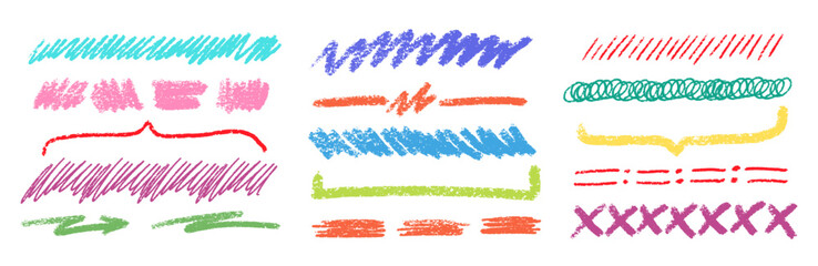 Crayon Line Stroke Vector Set. Chalk Scribble Underline Shapes Collection. Color Hand Drawn Brush Texture Highlight Squiggle. Pencil Emphasis Elements Charcoal Doodle Dividers Bundle
