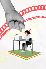 Vertical photo collage of faceless girl sit office table type laptop hand show fig gesture rude...