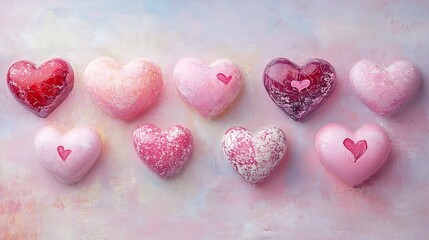 Obraz premium A variety of hearts filled with pastel pink and love on a smooth background