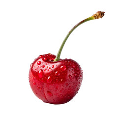 Close-up of a single, juicy cherry with water droplets.