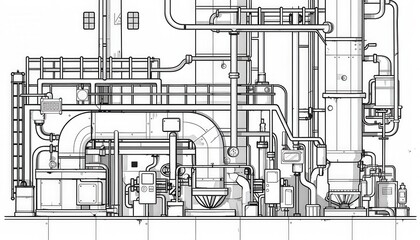 Obraz premium Intricate industrial blueprint showcasing complex pipework and machinery. Ideal for engineering, manufacturing, or industrial game backgrounds.