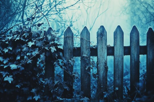 A frosty morning scene with a rustic wooden fence covered in icy leaves and a foggy background.