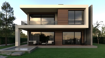 Fototapeta premium Elegant Modern House with Relaxing Outdoor Space on a Sunny Day