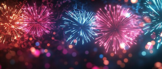 Fototapeta premium A Colorful fireworks create vibrant display of glowing patterns in night sky, evoking excitement and celebration
