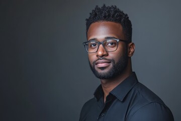 Obraz premium Confident Young Man with Glasses Posing Against a Dark Background