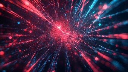 A Dynamic holographic fireworks display in vibrant red and blue colors