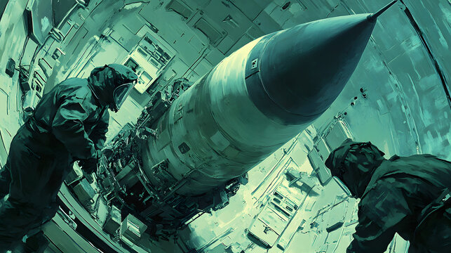 A close-up of a missile silo, with engineers in protective gear working on the warhead of a hydrogen bomb, representing the precision and danger of nuclear armament 