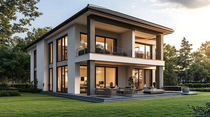 Elegant Modern House with Relaxing Outdoor Space on a Sunny Day