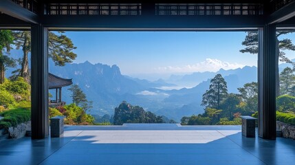Fototapeta premium View of misty mountains from a pavilion.