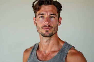 portrait of man with beard and short hair wearing gray tank top against neutral background. casual style and confident expression. lifestyle, fashion