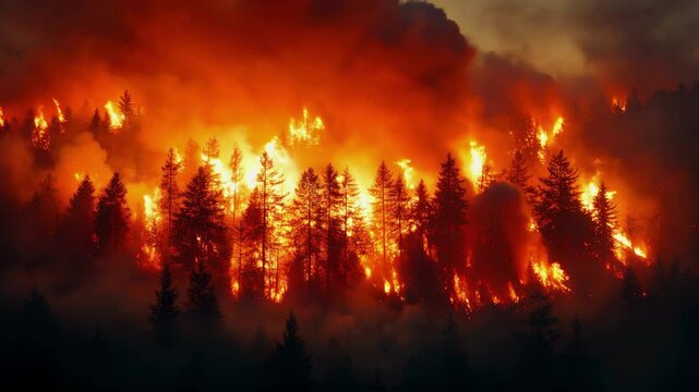Flames engulf a dense forest, creating an intense glow against the darkening sky as smoke rises. The dangerous fire rapidly spreads, devouring surrounding trees. Generative AI