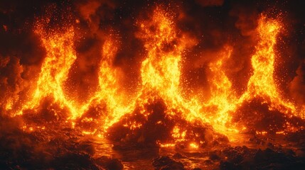 Wall of raging fire with intense flames.