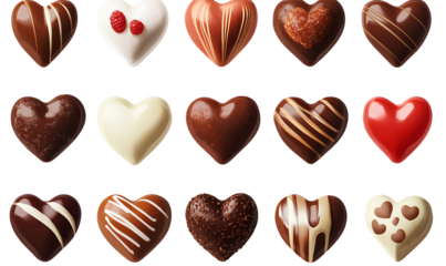 30 heart-shaped chocolates in various styles and shapes, with colors ranging from red to brown, beige, and cream, on a transparent background
