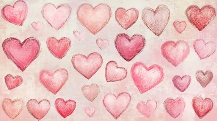 Fototapeta premium A variety of hearts in pastel pink filled with love scattered on a gentle background