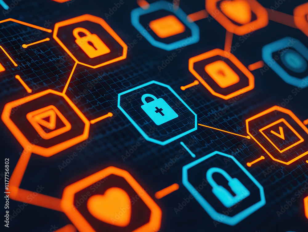 Poster secure health data sharing across connected devices with glowing privacy icons