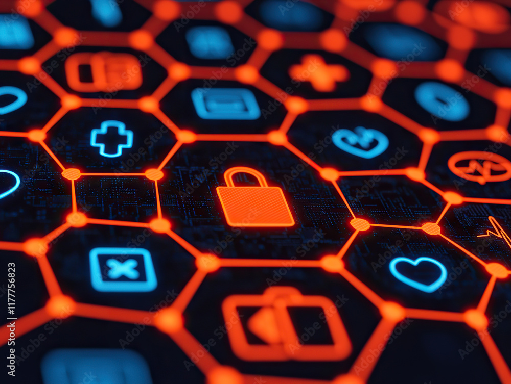 Poster glowing digital network with secure health data sharing icons, featuring lock symbol for privacy and
