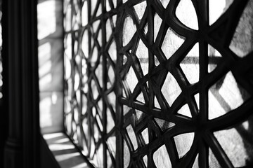 Intricate black latticework, possibly from a window or screen, casts shadows and reveals light patterns.