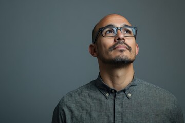Obraz premium Thoughtful Man in Glasses Looking Upward Against a Gray Background