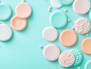 A Colorful macarons and cookies on mint background create delightful scene